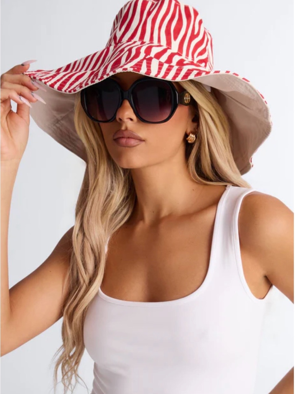 Wide Brim Sun Foldable Hat - Red & White Striped
